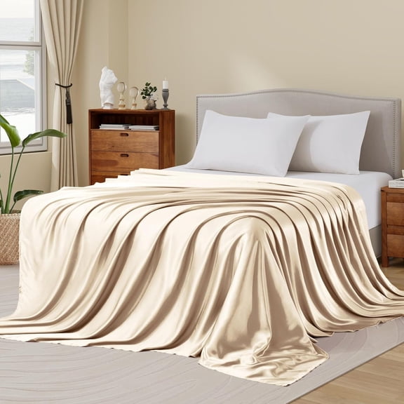YISIGE-Satin Flat Sheet Only, Single Flat Sheet King, Luxury & Ultra Soft Silky Bedding Top Sheet for King Mattress - Beige