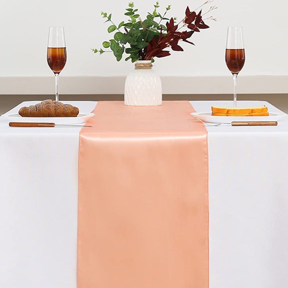 YISIGE-Satin Peach Table Runners 10 Pack for Wedding Parties - 12 x 108 inches Long, Ribbon Table Runners Birthday Banquet Hotel Restaurant Decorations (Peach, 10 Pieces)