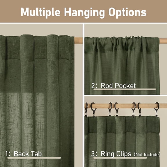 YISIGE-Semi Sheer Short Linen Curtains 36 Inch Length 2 Panels, Light Filtering Panels Back Tab and Rod Pocket Neutral Drapes for Kitchen/Loft Room, Olive Green, 25 x 36 Inch