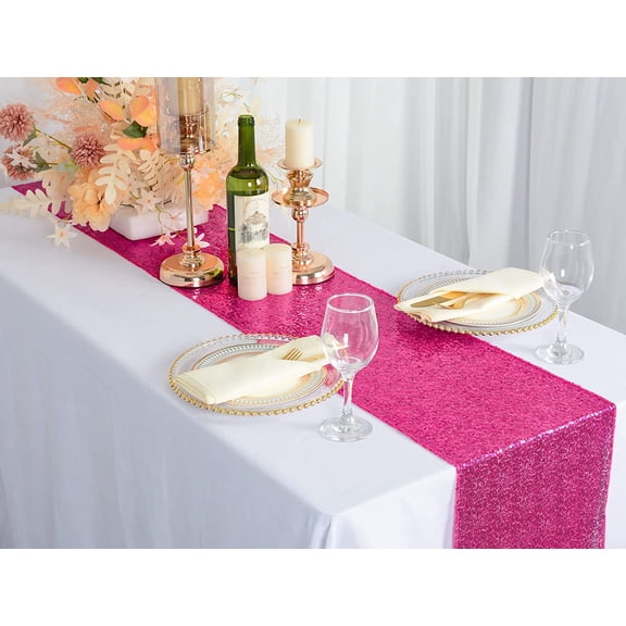 YISIGE-Sequin Table Runner Hot Pink 12x72 Inch Sparkly Metallic Runners Fuchsia Glitter Sequence Fabric Table Linen for Birthday Party Wedding Engagement Decorations