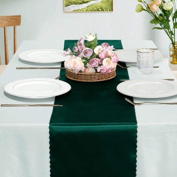 YISIGE-Set of 5 Forest Green Satin Table Runners, 12" x 108" Long Bright & Smooth Table Runner with Scalloped Edges, Satin Table Cloth Table Runner Decor for Wedding, Party, Banquet