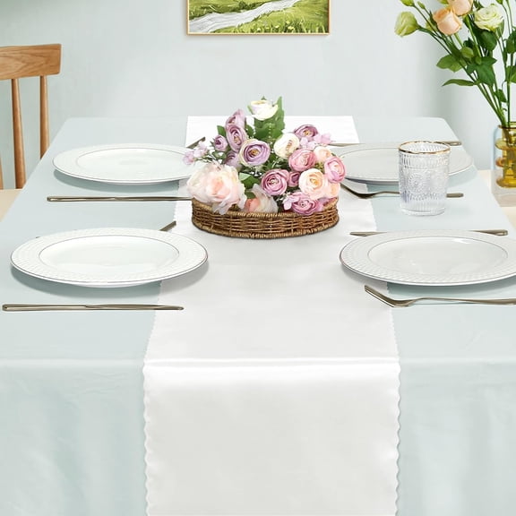 YISIGE-Set of 5 White Satin Table Runners, 12" x 108" Long Bright & Smooth Table Runner with Scalloped Edges, Satin Table Cloth Table Runner Decor for Wedding, Party, Banquet