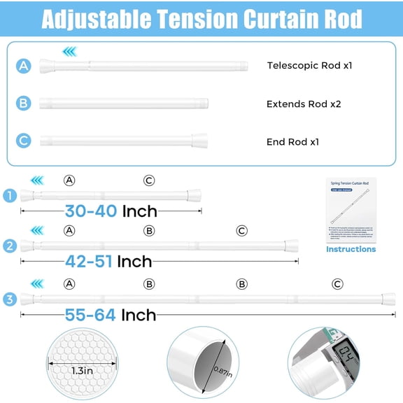 YISIGE-Shower Curtain Rod 30-64 Inch No Drilling Adjustable Shower Rod Never Rust & Non-Slip Tension Curtain Rod White Spring Loaded Curtain Rods for Window Bathroom Doorway Closet Cupboard