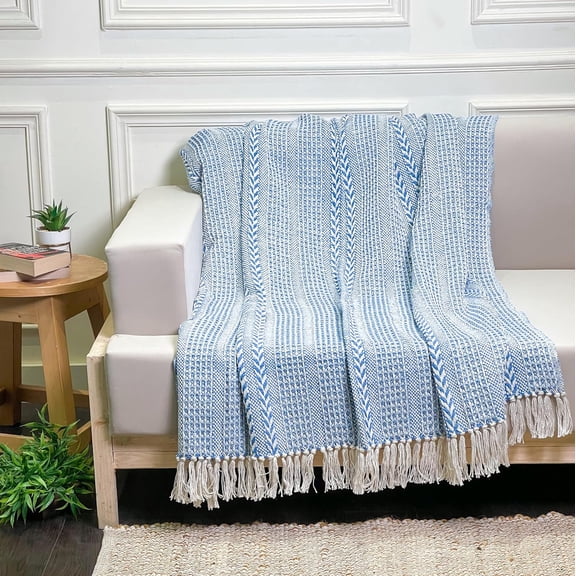 YISIGE-- Sky Blue & White Braided Waffle Weave Throw, 50x60 in Recycled Cotton- Large, Wearable, Breathable, Skin-Friendly Everyday Blanket for Couch, Bed, Sofa - Soft Lightweight Picnic Rug