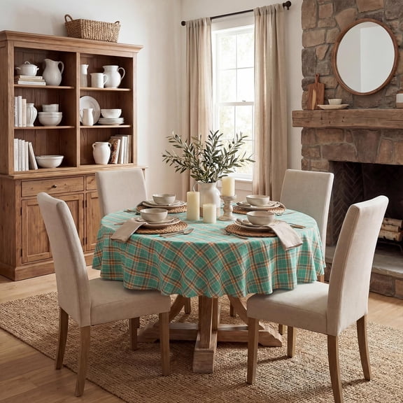 YISIGE-Spring Checkered Tablecloth 5555 Inch Round, Blue Buffalo Plaid Spring Table Cloth, Washable Spring Farmhouse Table Decor for Dinner/Party Decoration/Holiday