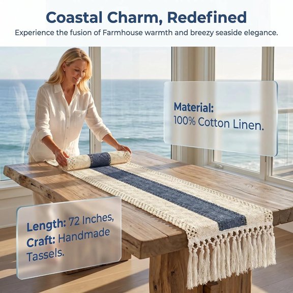 YISIGE-Table Runner 72 Inches Long, Blue and White Table Runner - Farmhouse Coastal Boho Macrame Dresser Runners for Bedroom, Dining & Coffee Table with Tassels