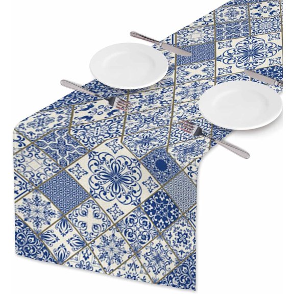 YISIGE-Table Runner Blue White Patchwork Tile in Spanish Style,Cotton Linen Table Runner Decoration for Kitchen Family Dinner Table Holiday Party Farmhouse Style 13 x 72 Inch