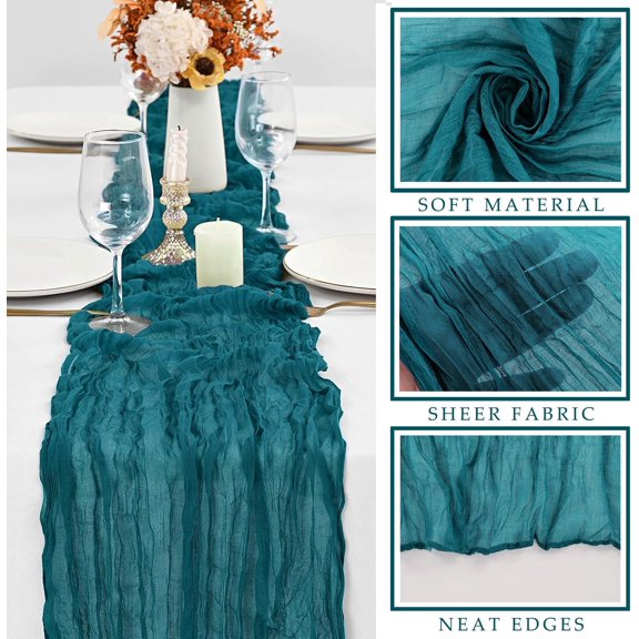 YISIGE-Teal Cheesecloth Table Runner 10FT Runner for Tables Gauze Fabric Boho Table Runner Decoration Rustic Sheer Runner for Wedding Shower Birthday Party Table Arbor Decor (35 x 120 Inches Long)