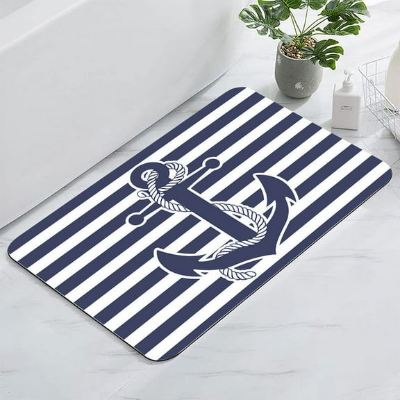 YISUEMI 24x16 Inches Super Absorbent Floor Mat, Dirt-Repellent Floor Mat for Bathroom, Memory Foam Bath Mat Set,Shower Mat, Non-Slip, Microfibre Bath Mats Blue and White Stripes Anchor