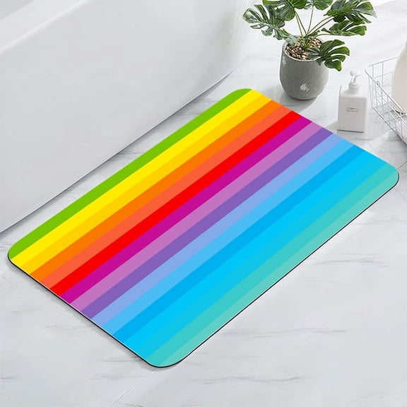 YISUEMI 24x16 Inches Super Absorbent Floor Mat, Dirt-Repellent Floor Mat for Bathroom, Memory Foam Bath Mat Set,Shower Mat, Non-Slip, Microfibre Bath Mats Rainbow Stripes Good Mood