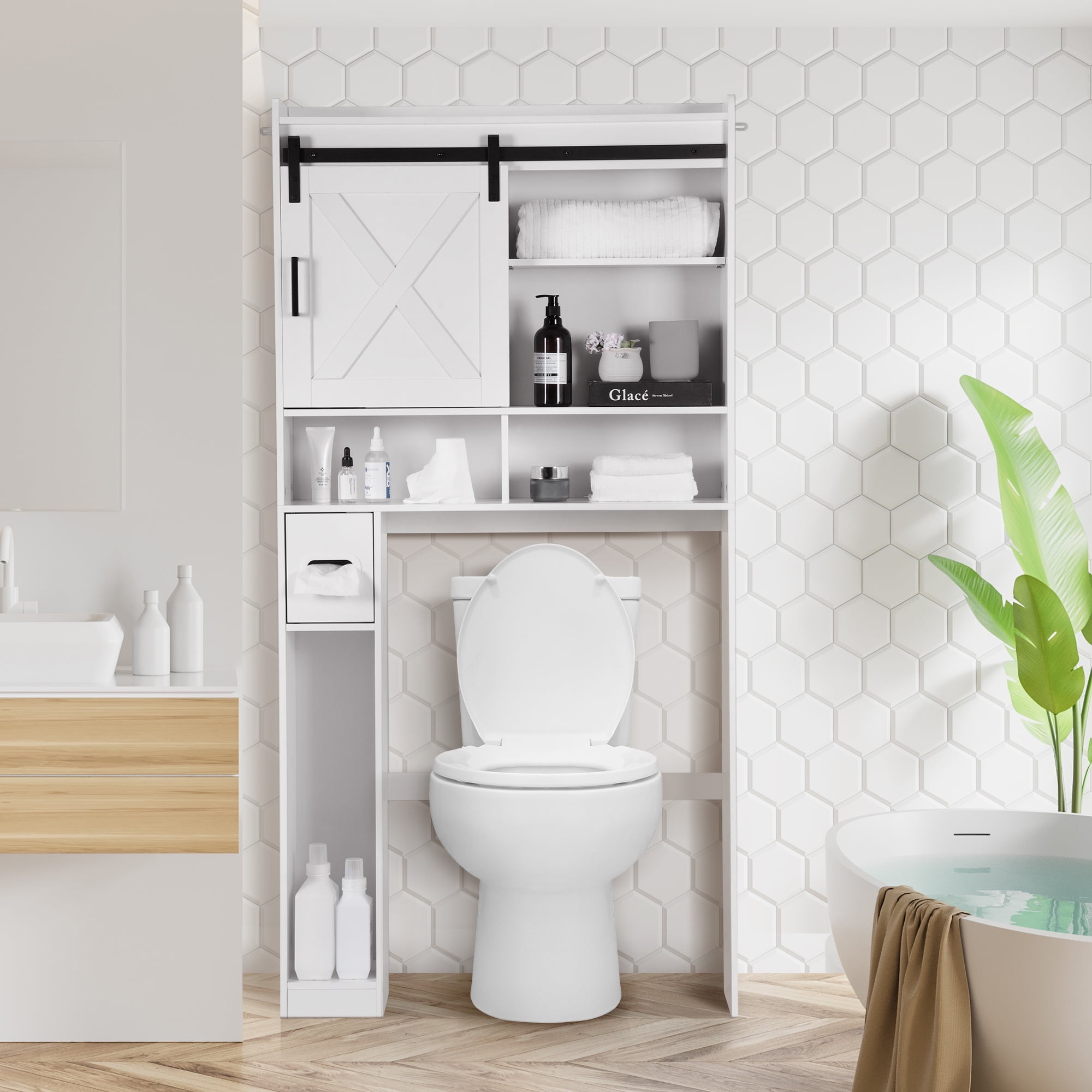 Evmore Over the Toilet Storage Cabinet, Freestanding Bathroom Organizer with Adjustable Shelves, Waterproof, 65" H x 32" D x 7.7" W, White