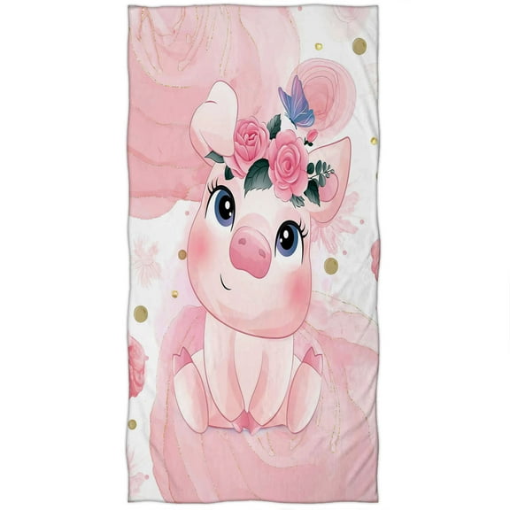 YISUMEI Super Soft Plush Cotton Print Beach Bath Pool Towel Pink Cartoon Pig Flower Butterfly(27x55 inch)