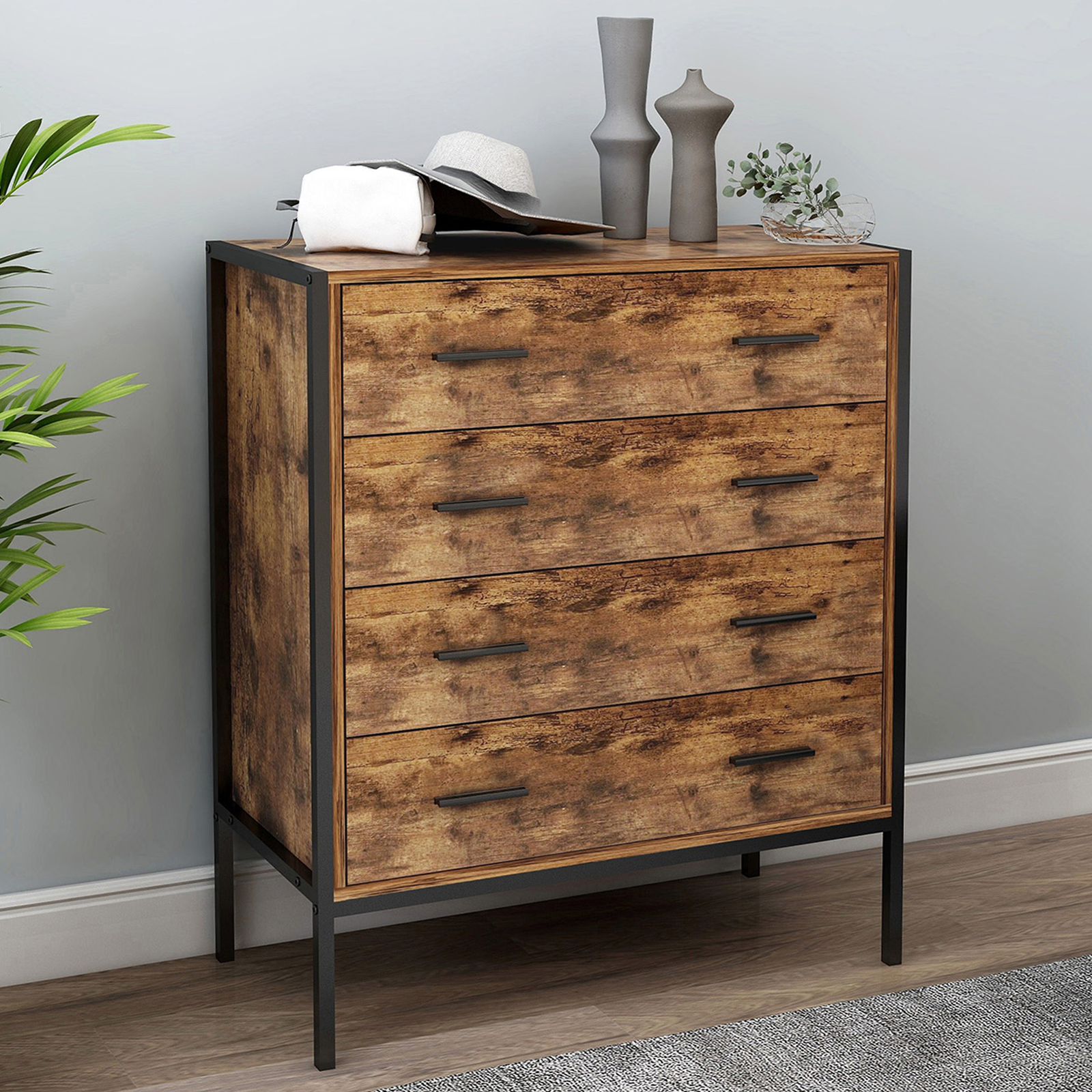 YISUYA Industrial Style 4 Drawer Dresser,Rustic Brown Wood Storage