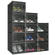 YITAHOME 12 Pack Stackable Shoe Storage Boxes Shoe Organizer for Closet Shoe Box Container, Black / Medium