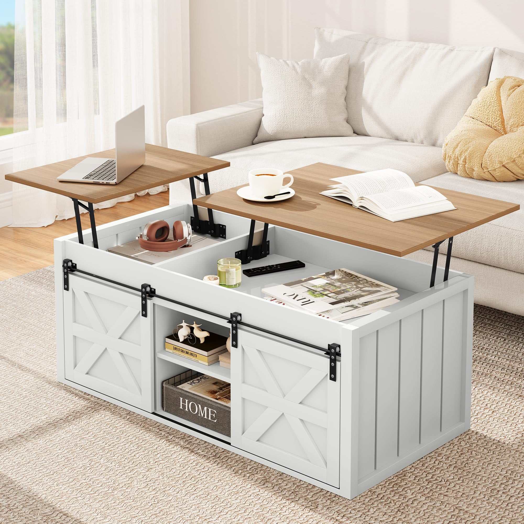 White and Natural Wood Lift-Top Coffee Table with Sliding Barn Doors