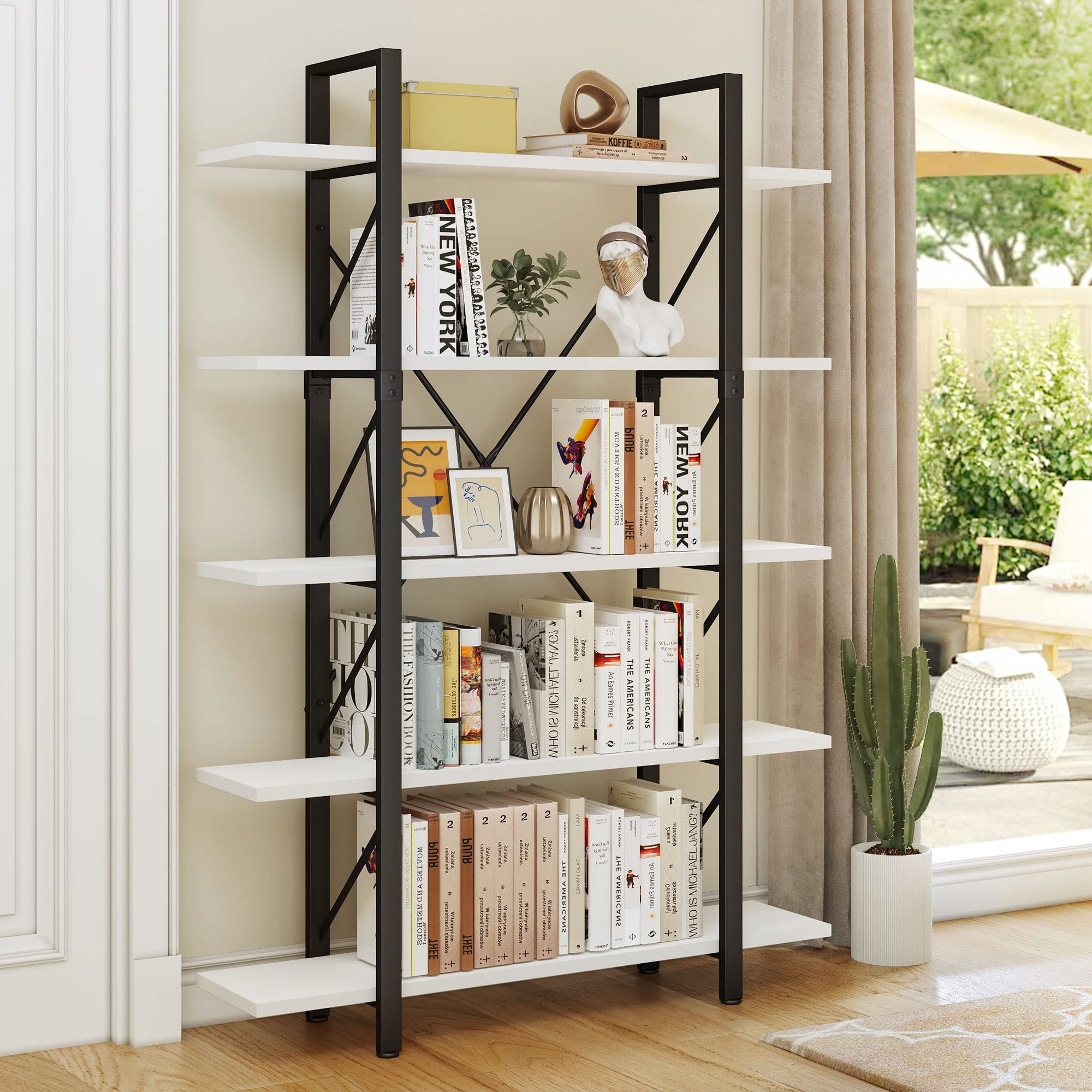 Adjustable Off White 5-Tier Modern Steel Bookshelf
