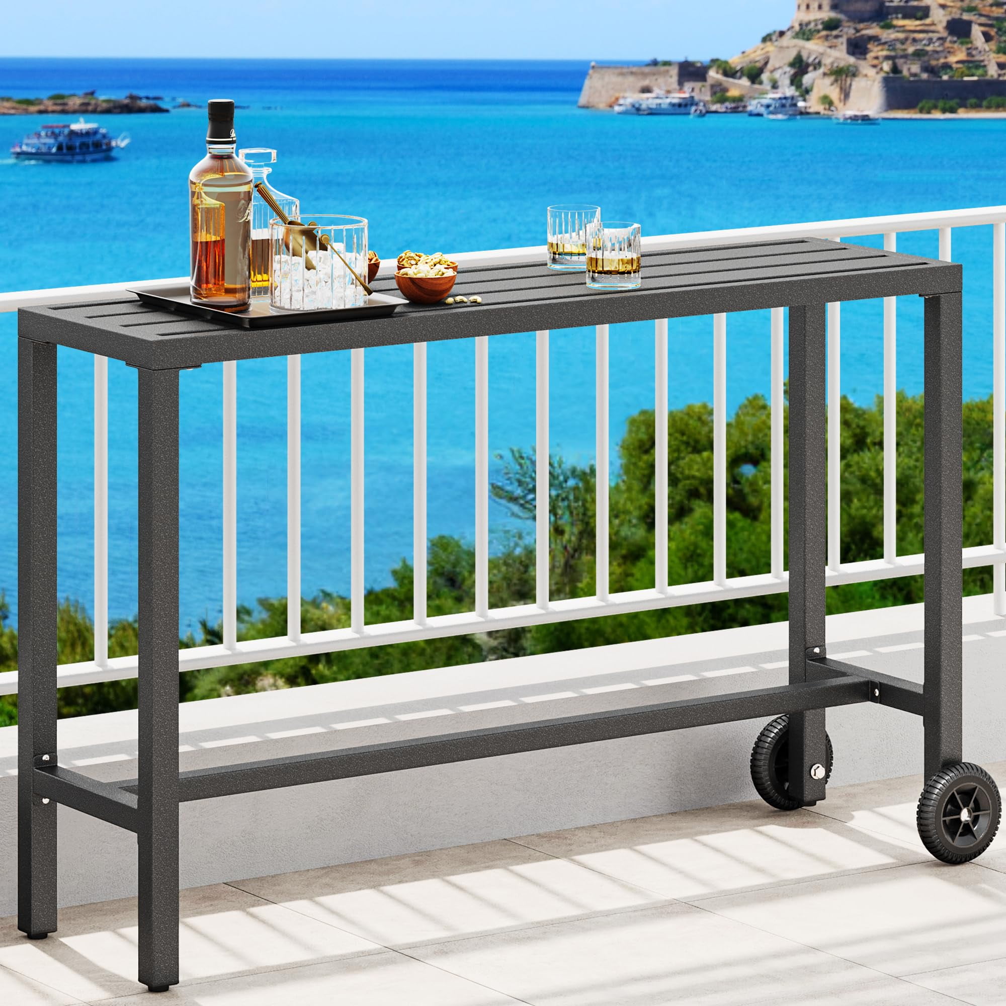 YITAHOME 55" Silver Iron Outdoor Bar Table with Wheels
