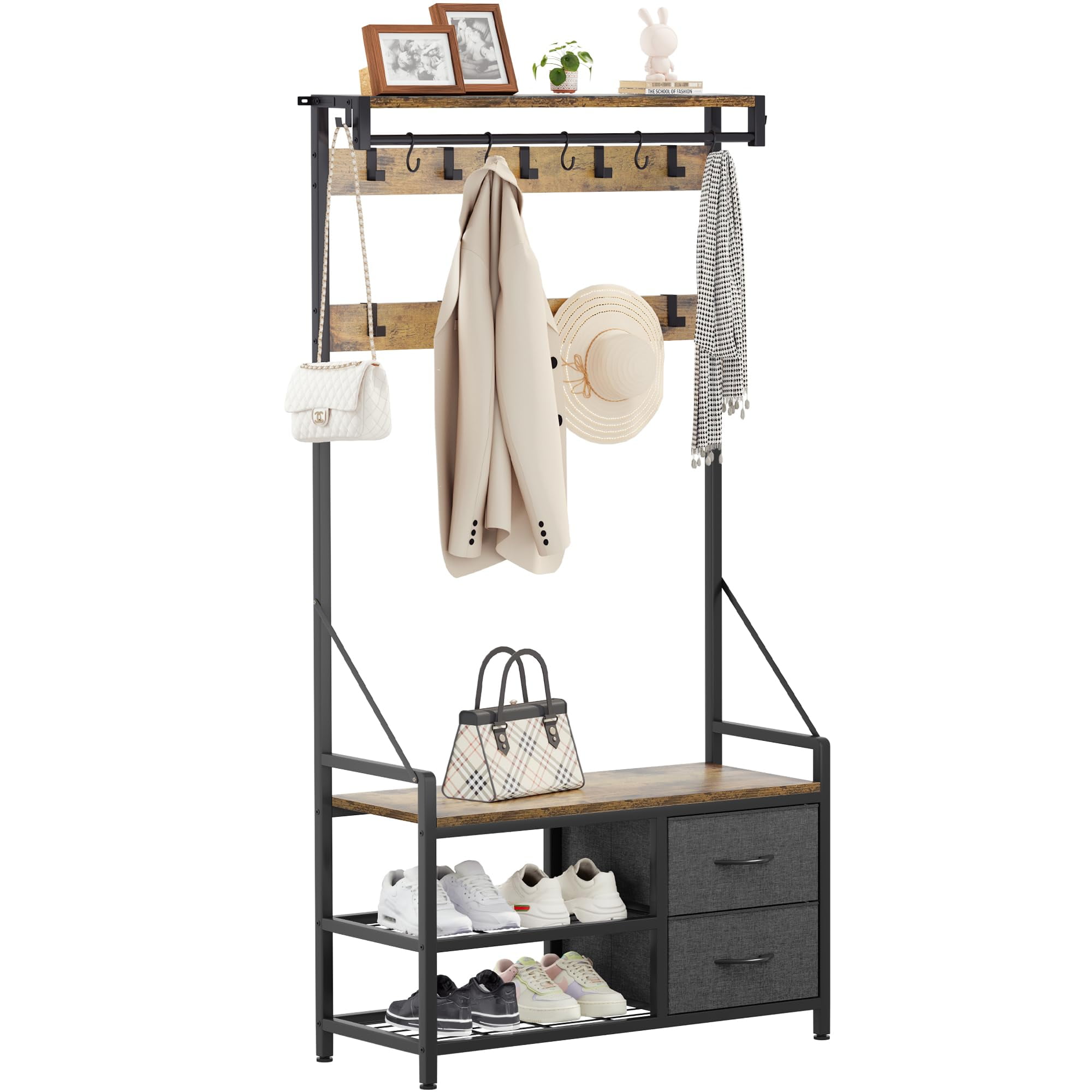 YITAHOME Coat Rack, 5 in 1 Hall Tree with Shoe Bench, 17 Movable Hooks