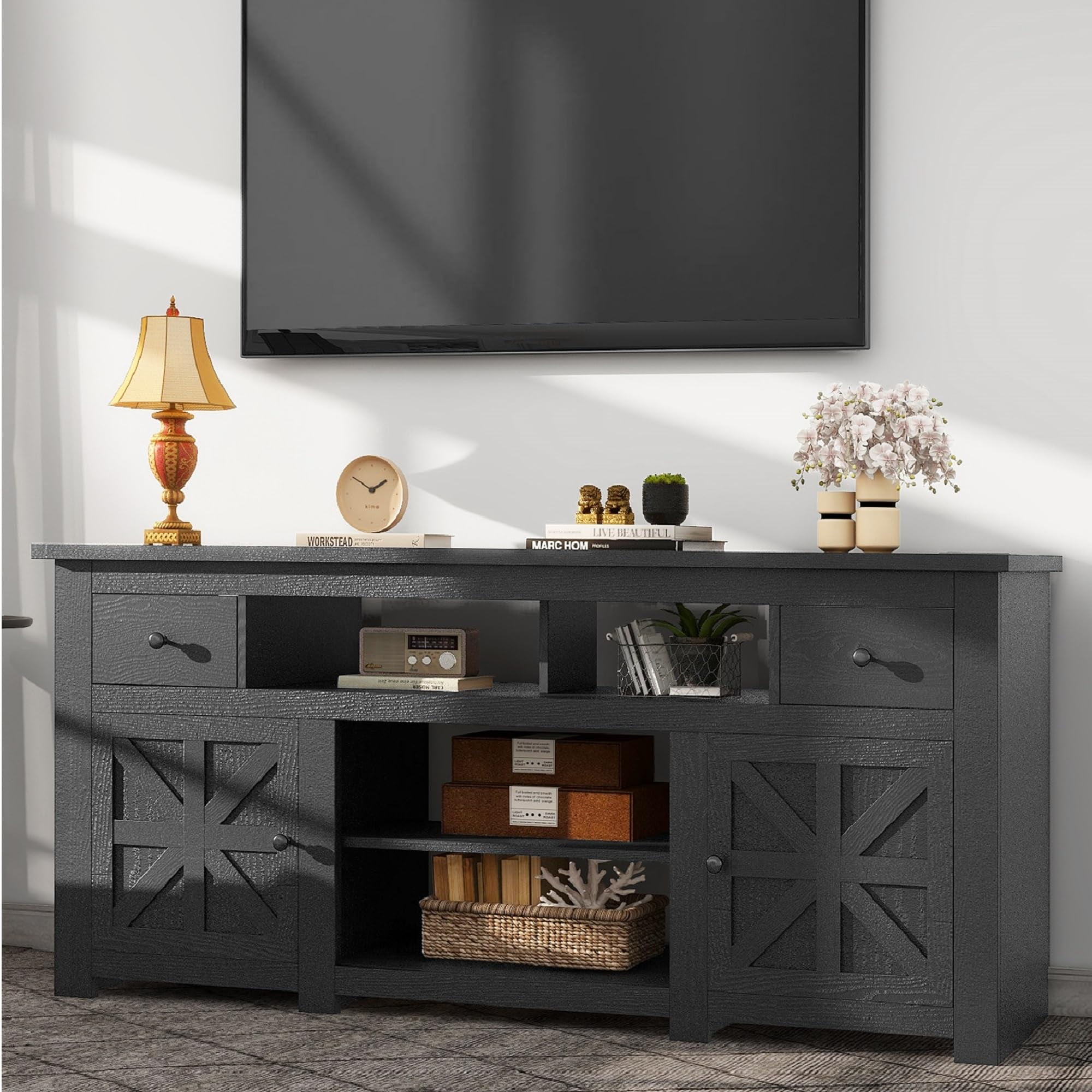 YITAHOME Farmhouse TV Stand 70 Inches, Entertainment Center with Power ...