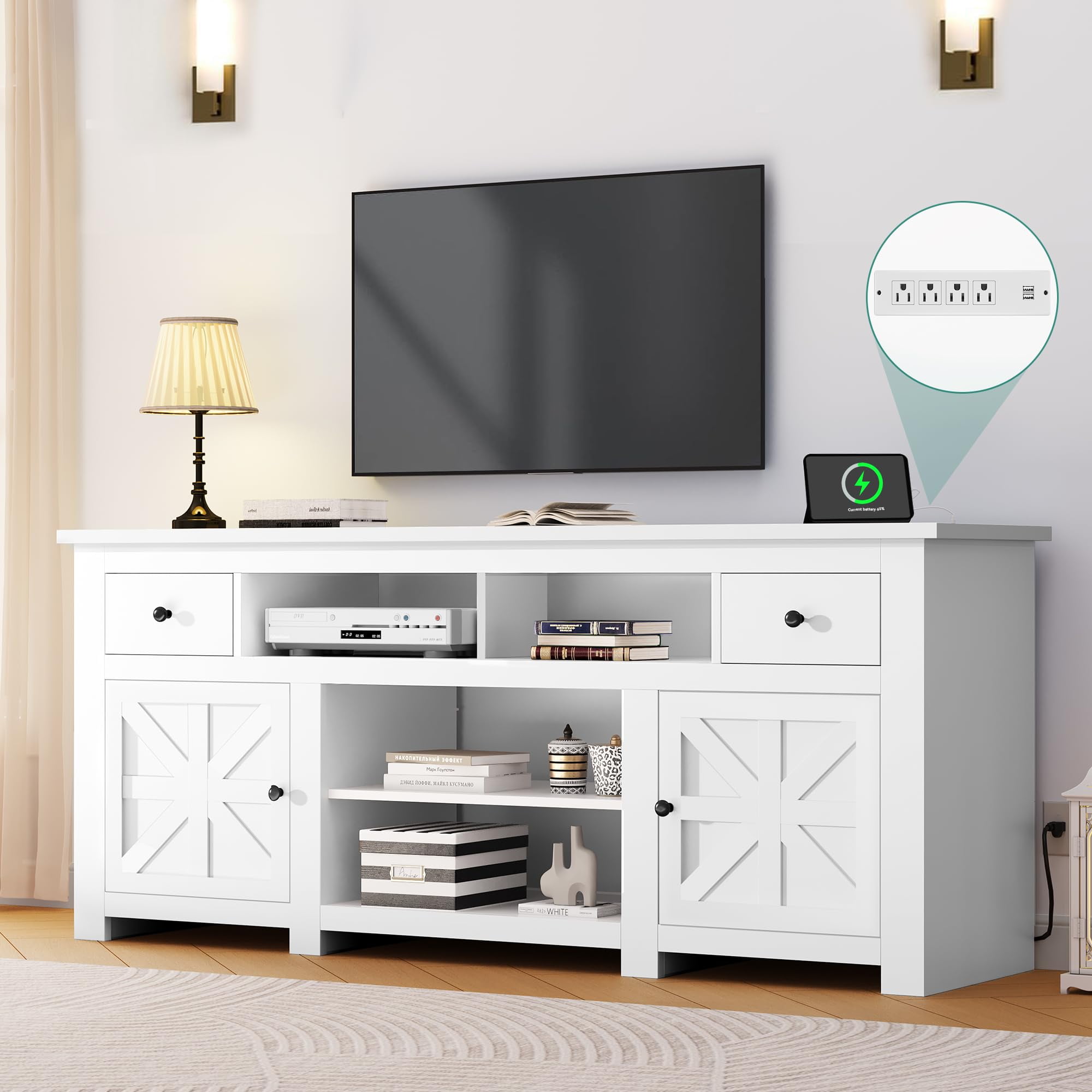 White Farmhouse TV Stand with Built-in Power Socket for 80'' Screens