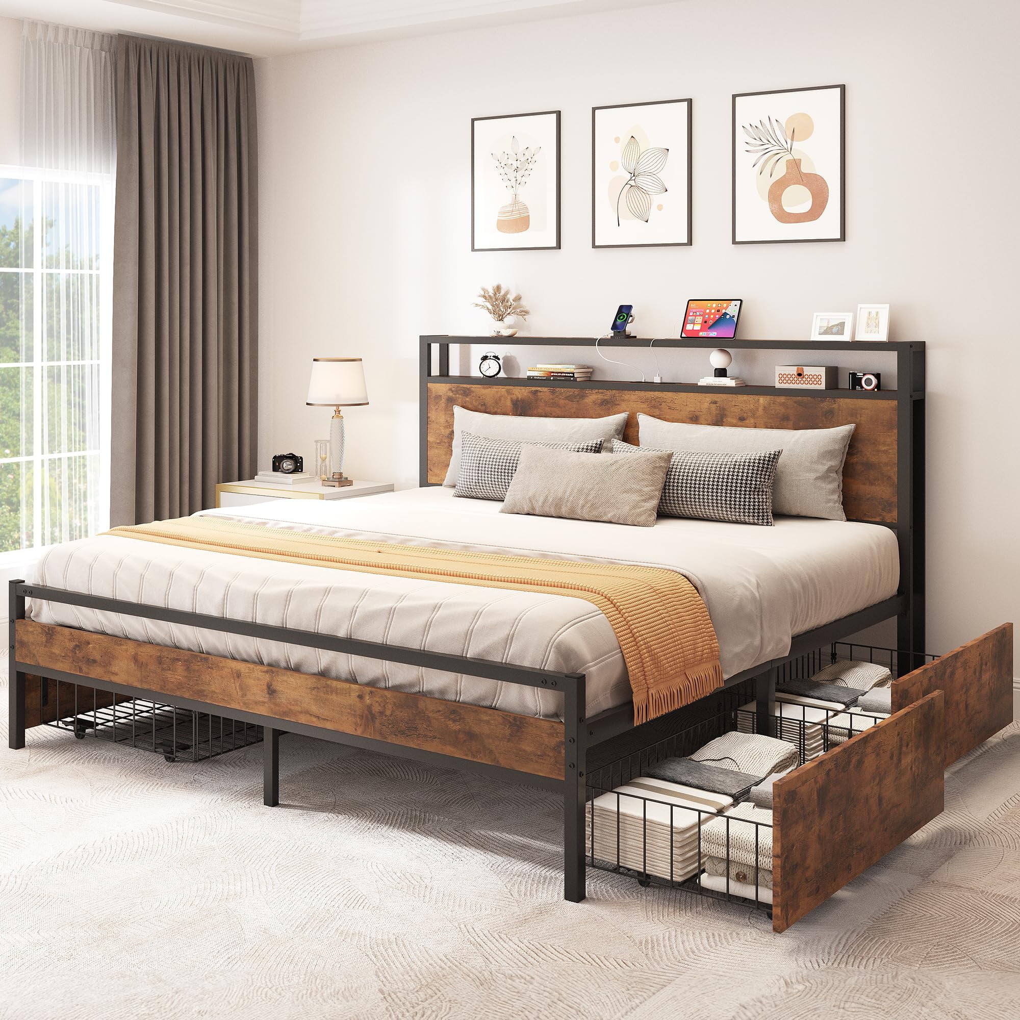 YITAHOME King Size Bed Frame with 4 Storage Drawers, Metal Platform Bed