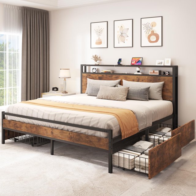 YITAHOME King Size Bed Frame with 4 Storage Drawers, Metal Platform Bed