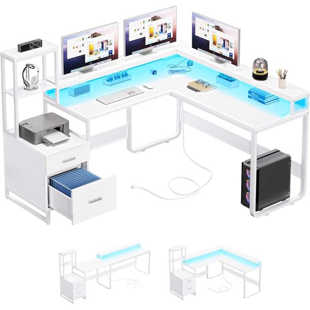 YITAHOME L Shaped Desk with Power Outlets LED Lights, Reversible