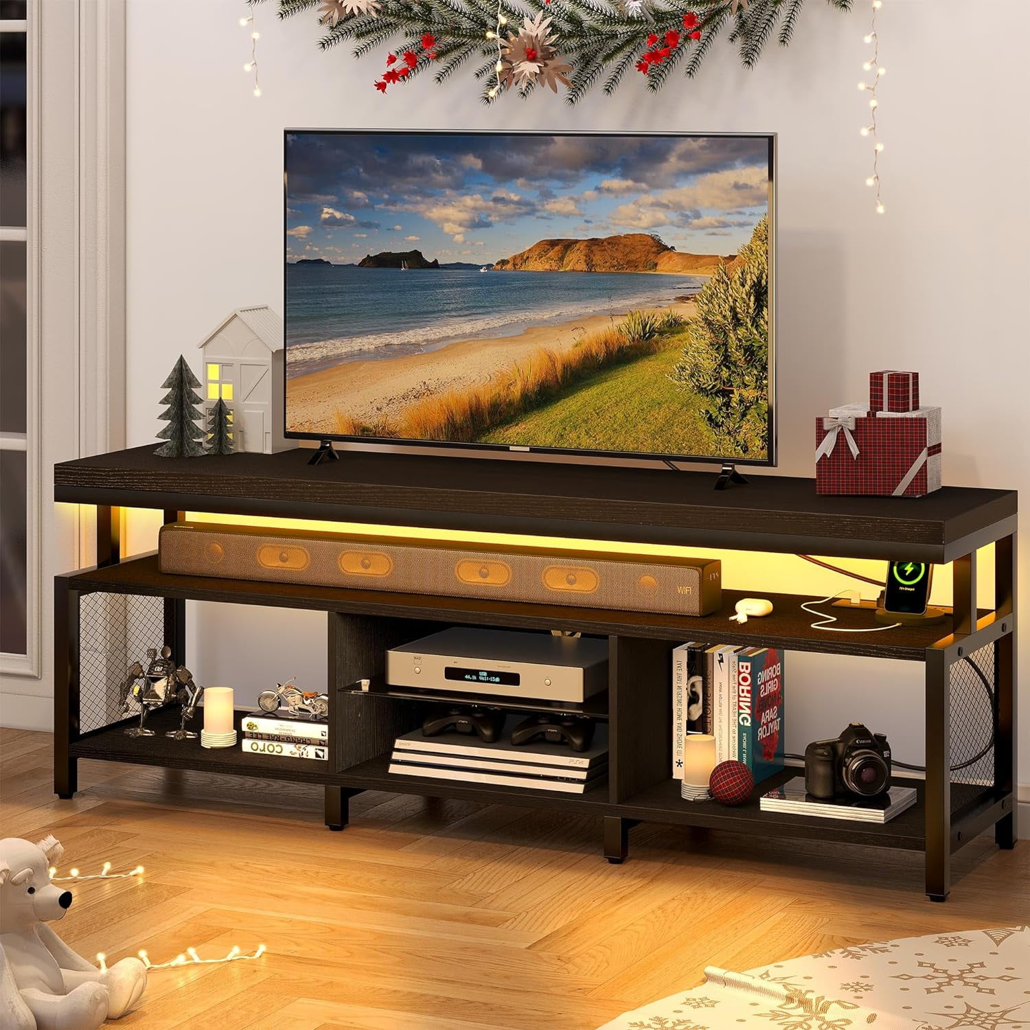 Black 63" Industrial TV Stand with Mesh Panels and LED Lighting