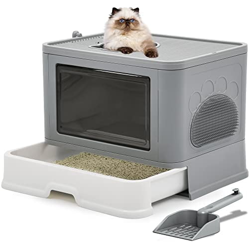 Gray Enclosed Cat Litter Box with Slide-Out Tray and Scoop