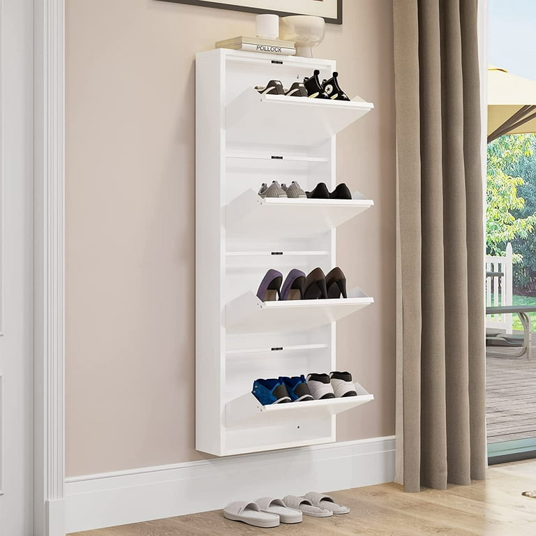 YITAHOME Metal Shoe Cabinet with 4 Flip Drawers, Wall Mounted & No-Assembly Steel Shoe Storage Cabinet, Steel Cabinet with Magnetic Gooseneck Drawer