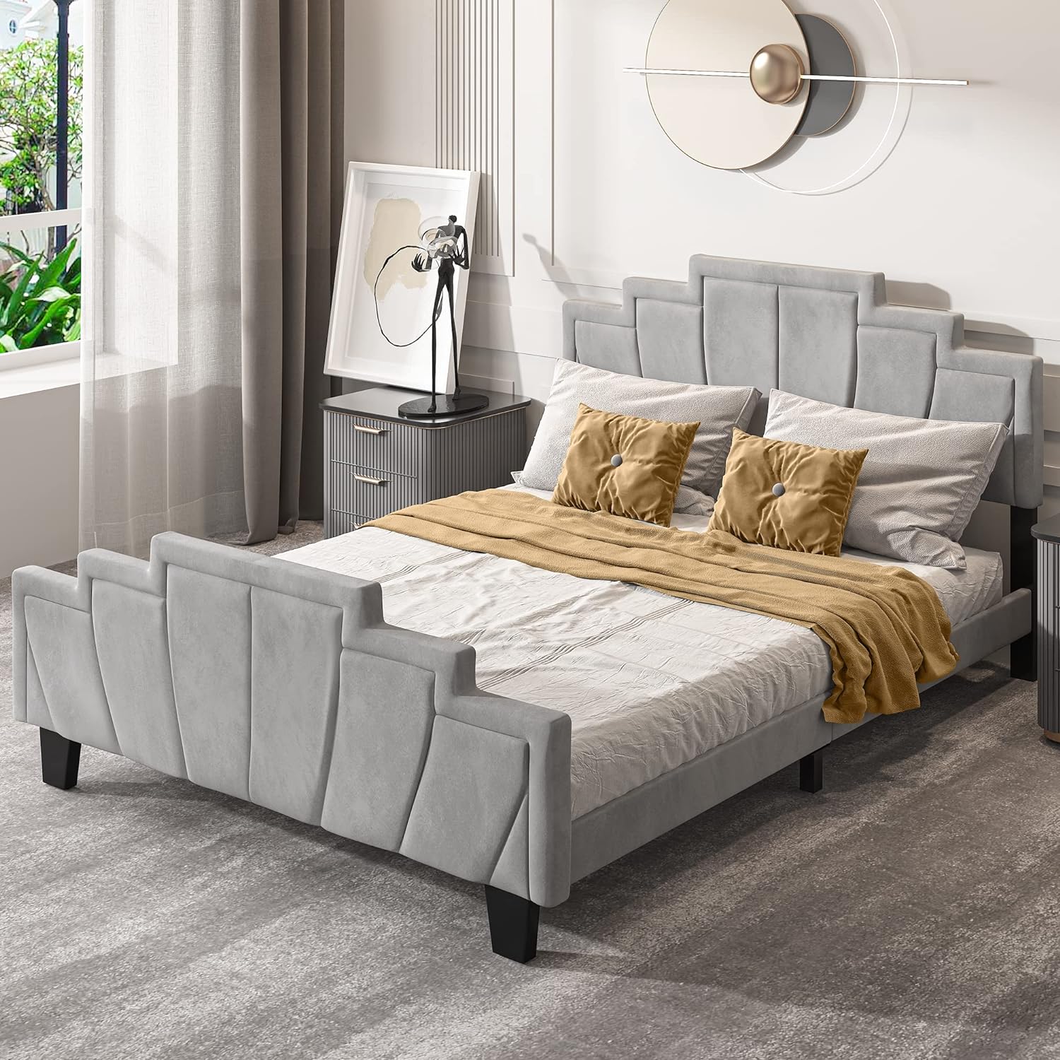 YITAHOME Queen Size Upholstered Bed Frame with Curved Velvet Wingback