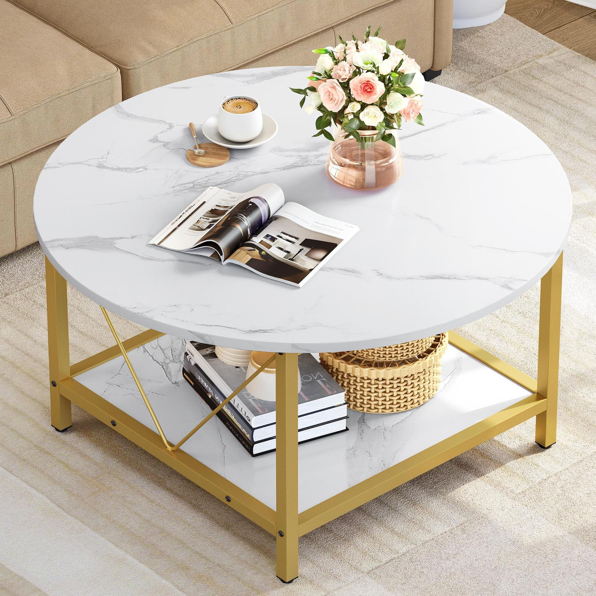 YITAHOME Round Coffee Tables for Living Room Marble Coffee Table Circle ...