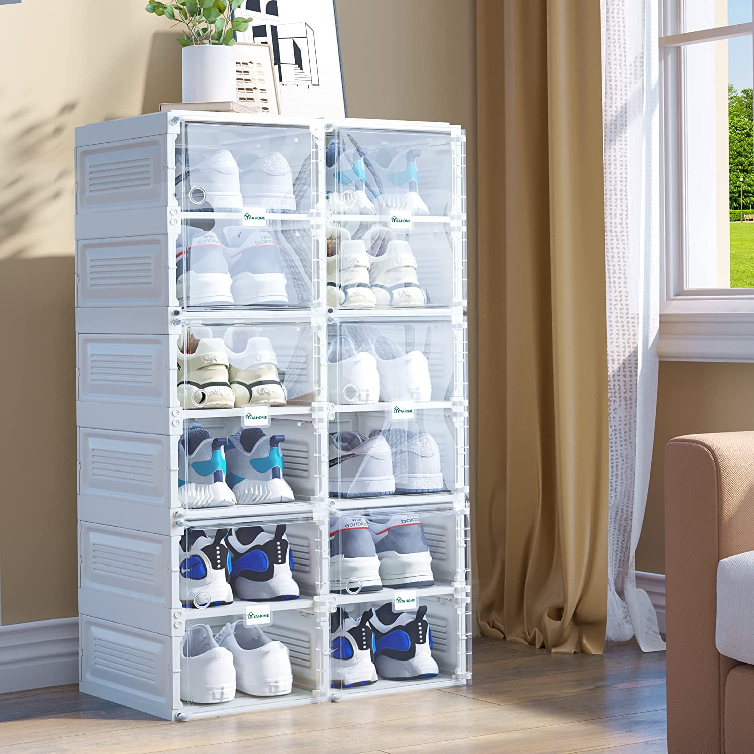 YITAHOME Shoe Storage Organizer, Installation-Free Shoe Box with Doors, 2-16 Grid Stackable Transparent Folding Shoe Cabinet for Hallway, Living Room
