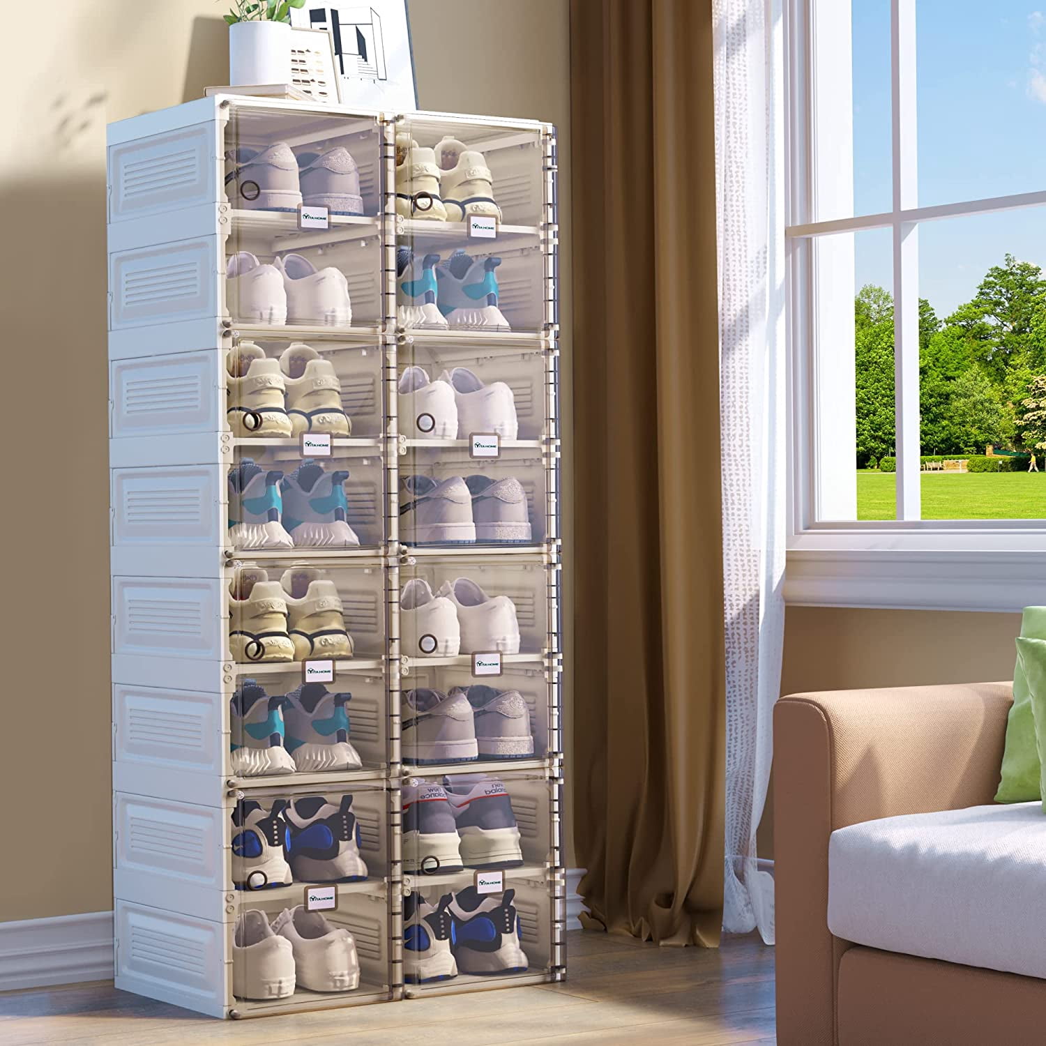 YITAHOME Shoe Storage Organizer, Installation-Free Shoe Box with Transparent Doors, 2-16 Grid Stackable Shoe Cabinet for Hallway, Living Room, Closet (White)