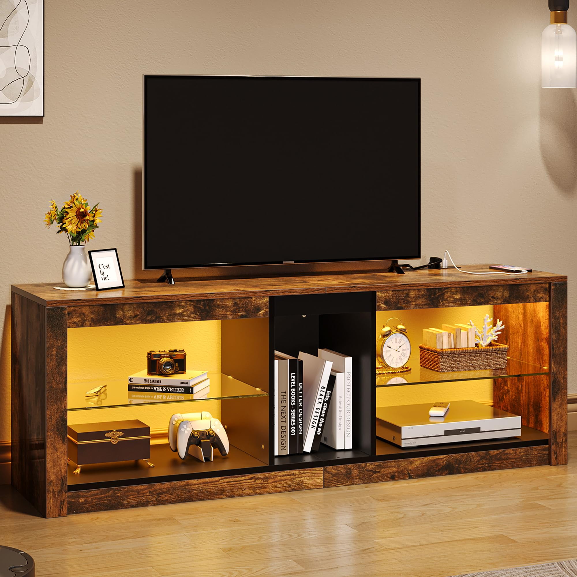 Rustic Brown Engineered Wood TV Stand with LED Lights and Glass Shelves