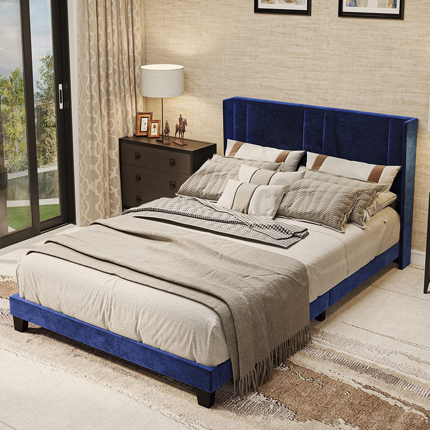 YITAHOME Upholstered Wingback Platform Bed with Navy Blue Velvet ...