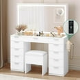 thumbnail image 1 of YITAHOME Vanity Desk Set with Large LED Lighted Mirror & Power Outlet, Glass Top Vanity with 11 Drawers and Magnifying Glass, 46'' Makeup Vanity with Storage Bench for Bedroom, Pearl-White, 1 of 8