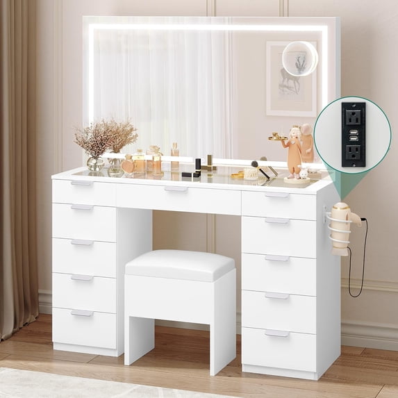 YITAHOME Vanity Desk Set with Large LED Lighted Mirror & Power Outlet, Glass Top Vanity with 11 Drawers and Magnifying Glass, 46'' Makeup Vanity with Storage Bench for Bedroom, Pearl-White