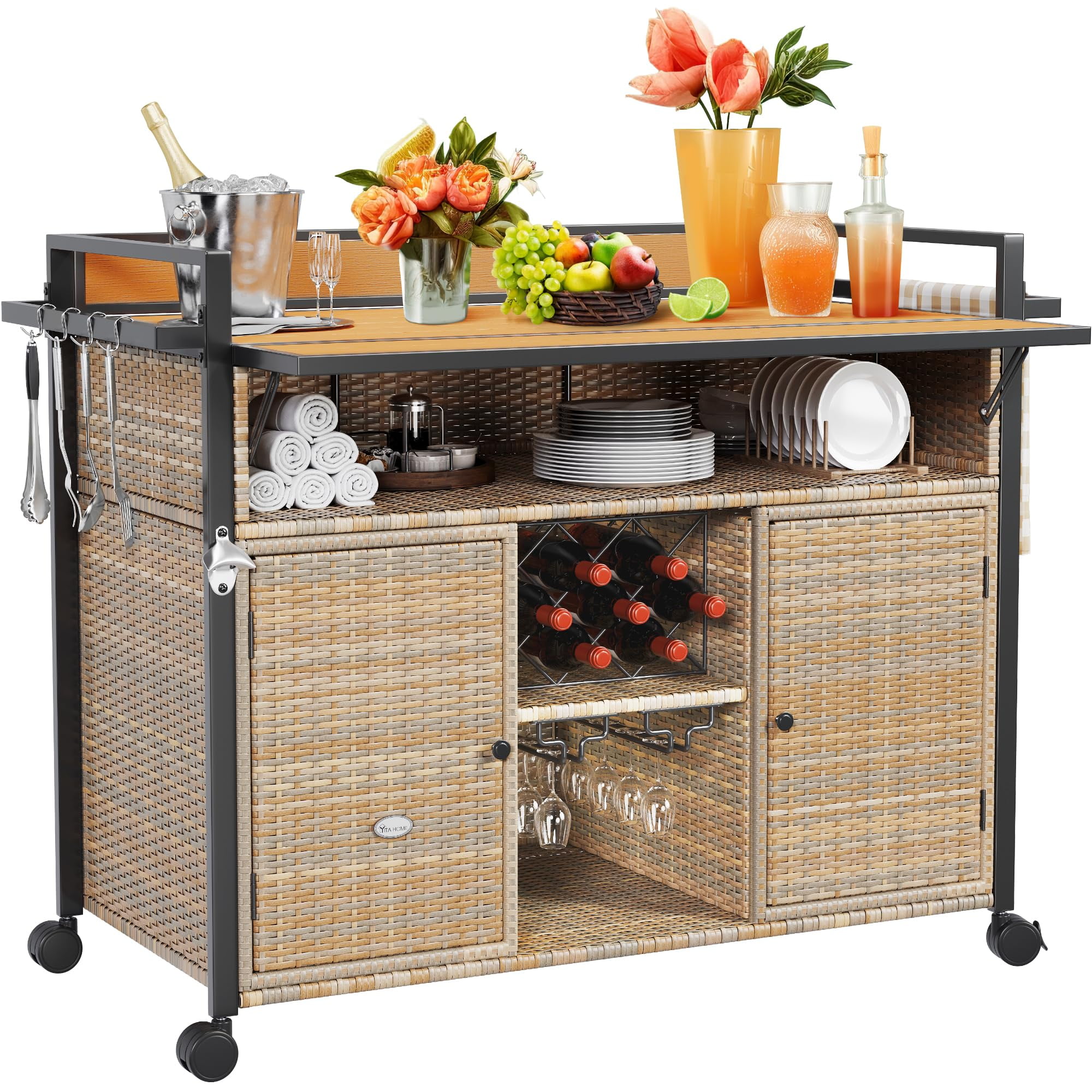 YITAHOME XL Outdoor Kitchen Wicker Island Rolling Cart Bar Table