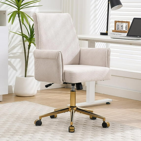 YITAI Stripes Velvet 360°Swivel Desk Chair, Modern Height Adjustable Home Office Armchair with Gold Base and Wheels for Vanity, Comfy Computer Chair for Study Living Room Bedroom(Beige)