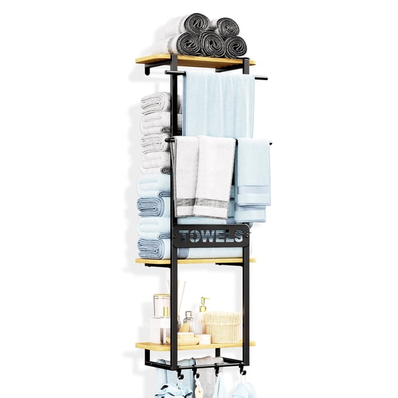 3 Tier Wall Mounted Towel Rack for Bathroom, Bath Storage Shelf with 4 Hooks, Metal Organizer for Small Space, ATSKIM Holder for Rolled or Folded Towels