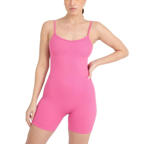 YITTY Active Women's Seamless Spaghetti Strap Short Jumpsuit – 5" Inseam One-Piece Ribbed Romper, Built-In Bra, Tummy Control,Beach Party, M