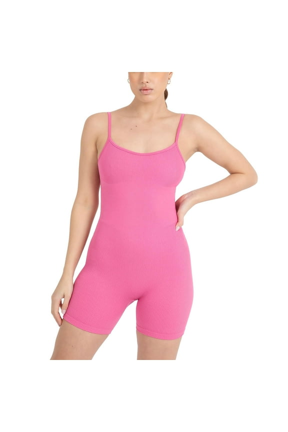 Active Women's Seamless Spaghetti Strap Short Jumpsuit – 5" Inseam One-Piece Ribbed Romper, Built-In Bra, Tummy Control,Beach Party, S
