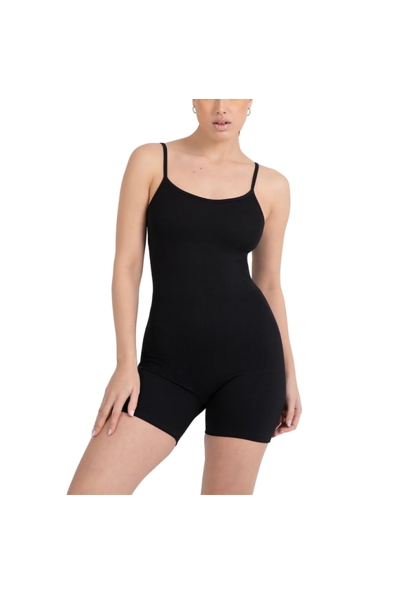 Active Women's Seamless Spaghetti Strap Short Jumpsuit – 5" Inseam One-Piece Ribbed Romper, Built-In Bra, Tummy Control,Iconic Black, M