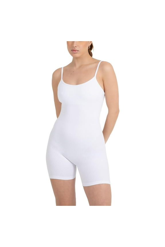 Active Women's Seamless Spaghetti Strap Short Jumpsuit – 5" Inseam One-Piece Ribbed Romper, Built-In Bra, Tummy Control,True White, L