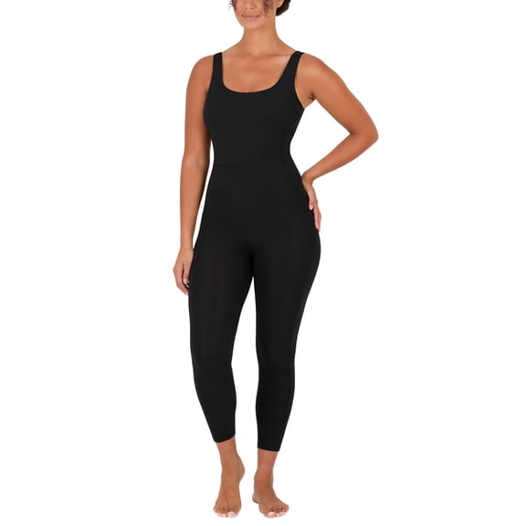 YITTY Active Women's UltraLuxe Built-In Bra Onesie, Athleisure, 4-Way-Stretch, Iconic Black, M, 7/8 Length