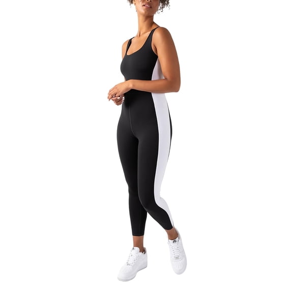 YITTY Active Women's UltraLuxe Built-In Bra Onesie, Athleisure, 4-Way-Stretch, Iconic Black/True White, L, 7/8 Length