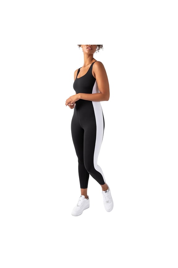 Active Women's UltraLuxe Built-In Bra Onesie, Athleisure, 4-Way-Stretch, Iconic Black/True White, L, 7/8 Length