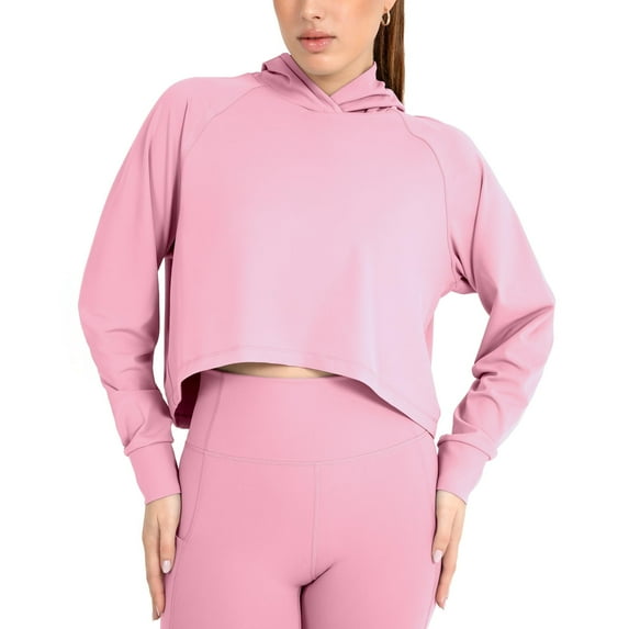 YITTY Active Women's UltraLuxe Cropped Hoodie – Soft Long Sleeve Sweatshirt, Lightweight (Activewear & Loungewear), Pink Sorbet, XL
