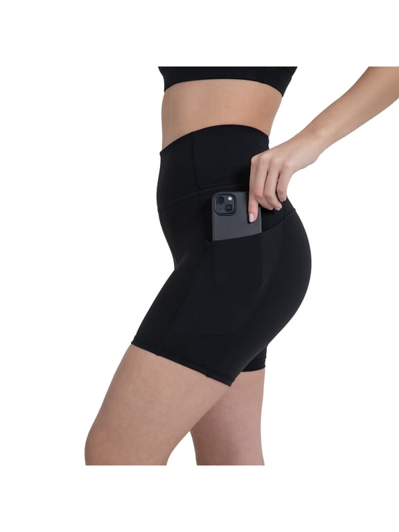 Active Women's UltraLuxe High Waist Pocket Biker Shorts – 3"/6" Tummy Control, Compression, Breathable & Activewear, Iconic Black, M, 6"